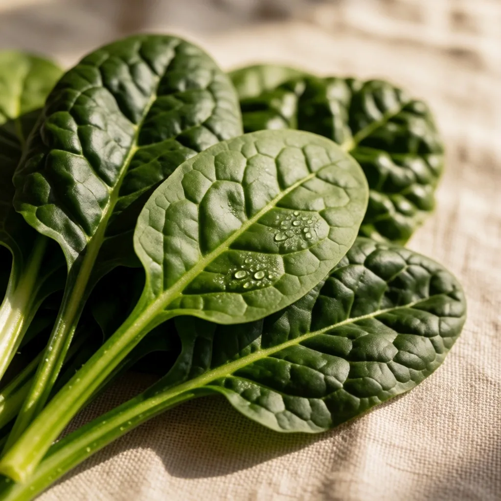 Green leafy vegetables rich in magnesium on a linen surface