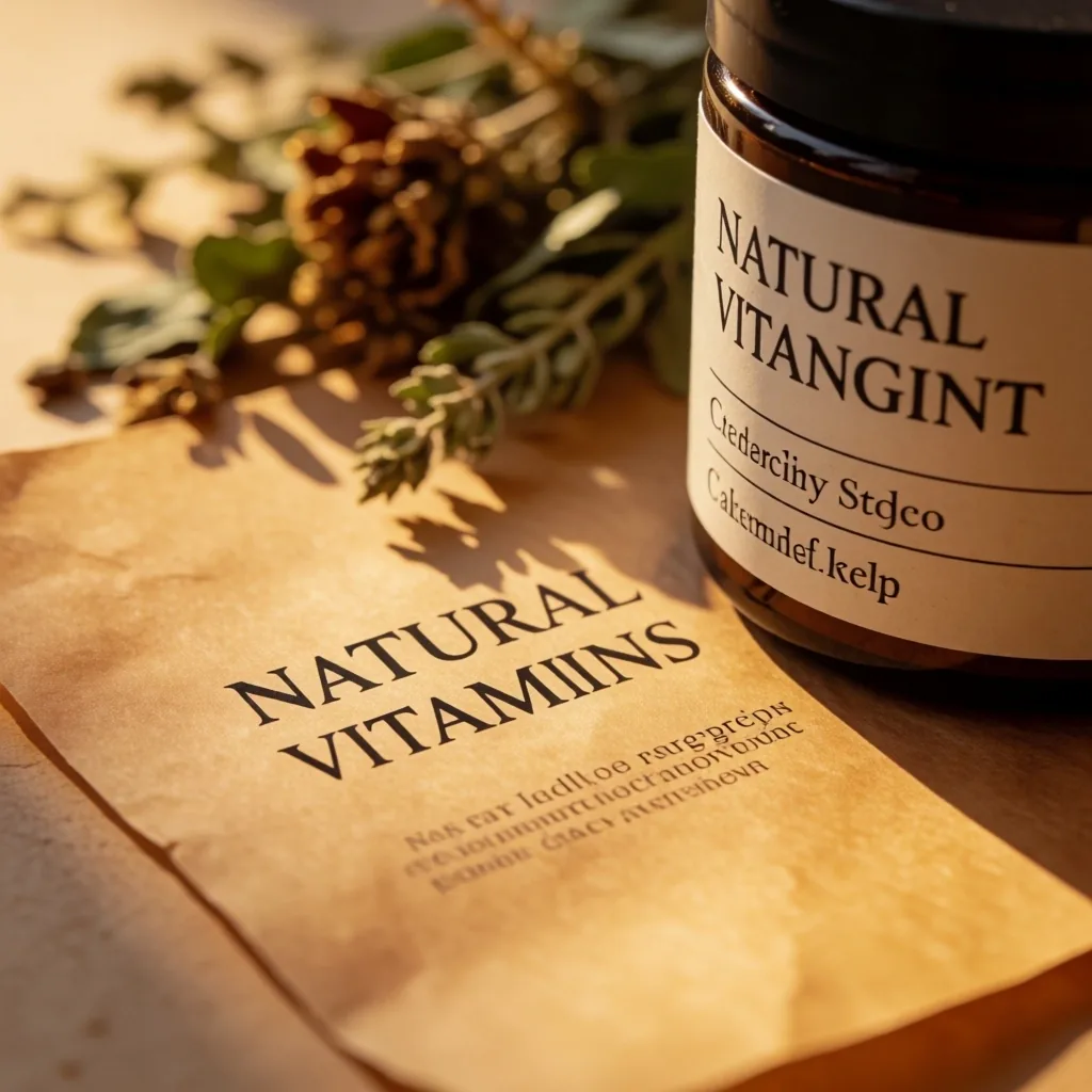 Natural supplement label on warm paper surface